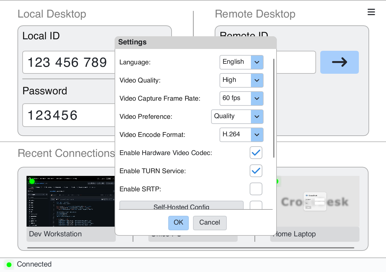 Current settings for quality, frame rate, video preference, codecs, relay, and SRTP