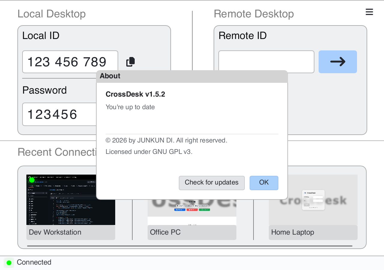 About dialog with the Check for updates button; version and check result are demonstration data