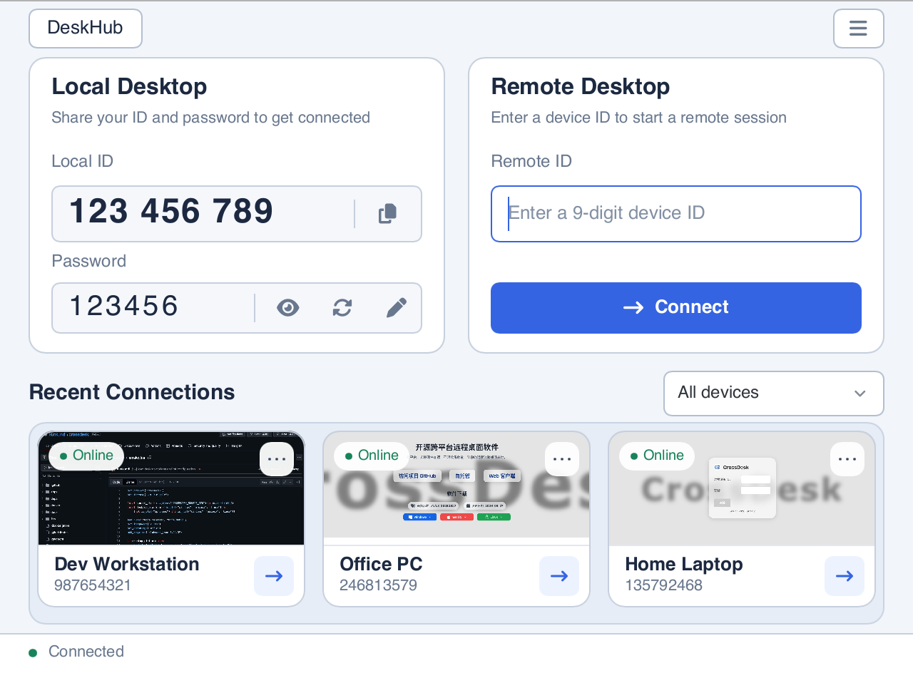 CrossDesk main window with local credentials, remote connection controls, and recent devices; demonstration data