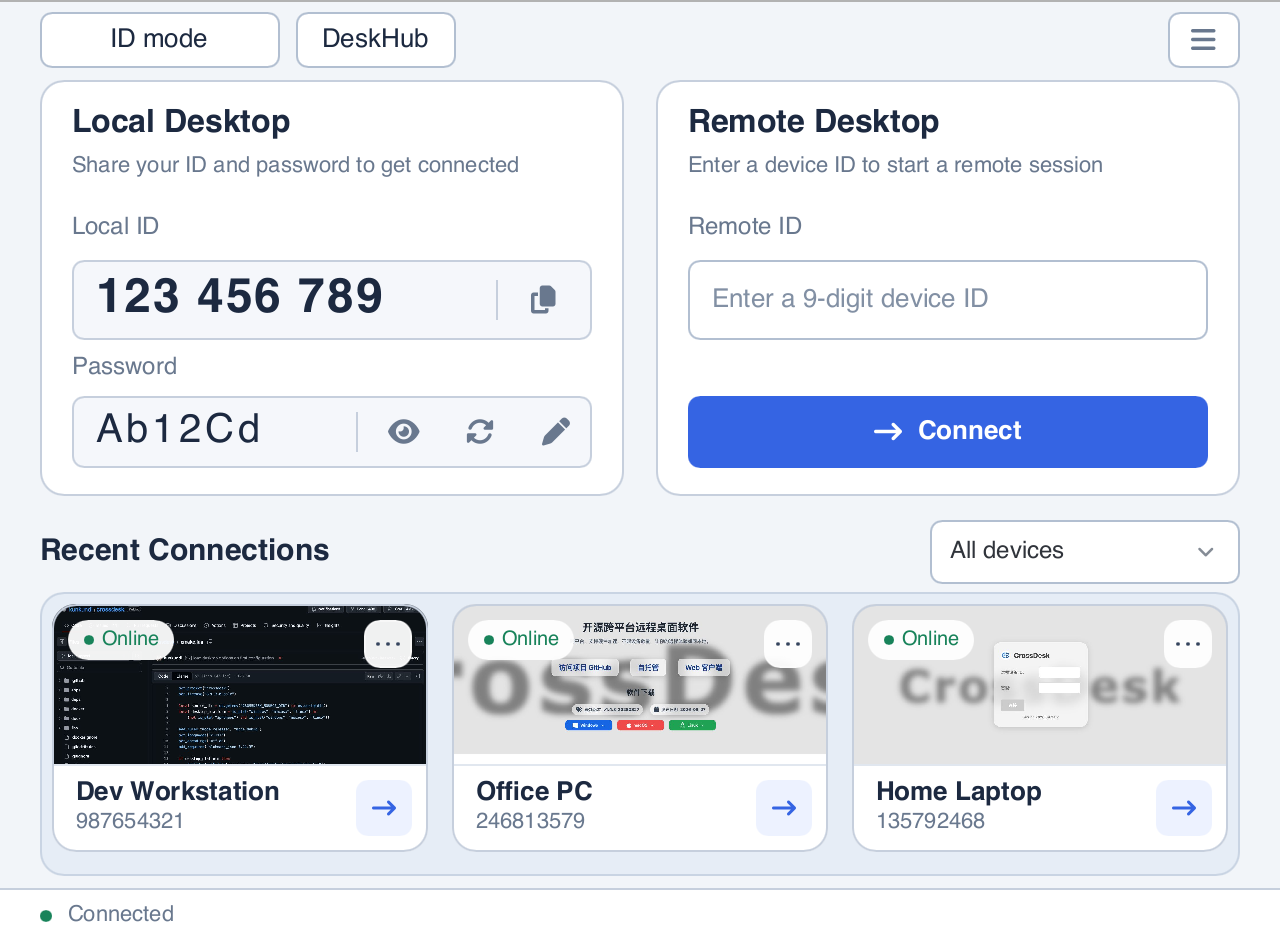 CrossDesk ID mode with the mode switch, local ID, remote connection controls, and recent devices; demonstration data