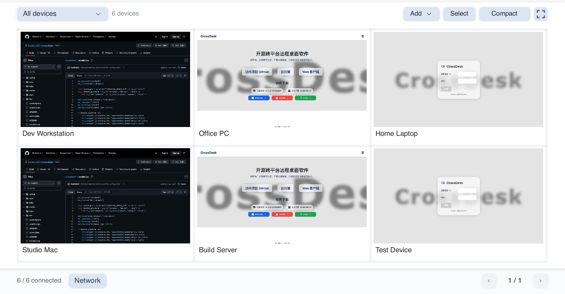 DeskHub with six demonstration remote desktops and its management toolbar