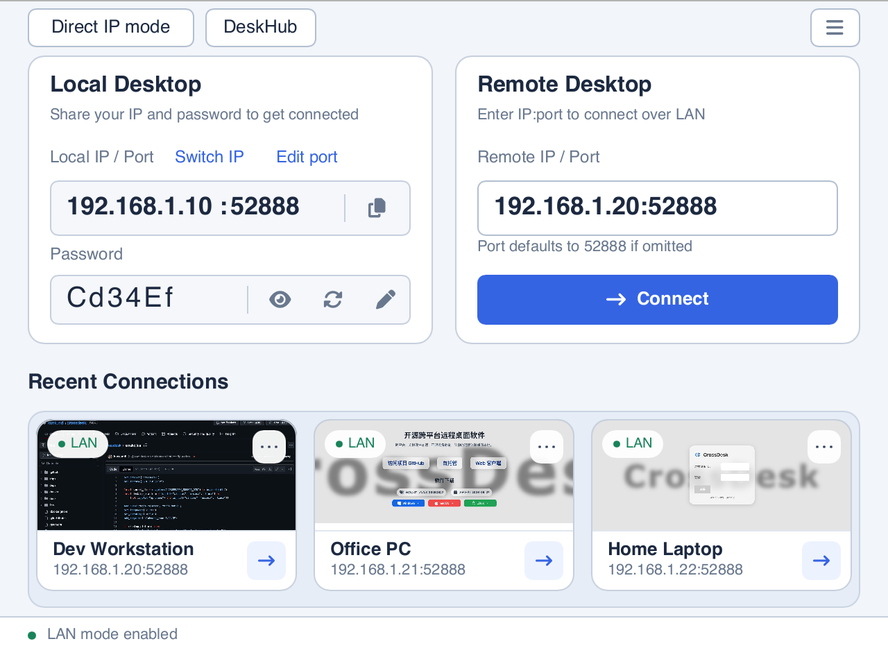 CrossDesk Direct IP mode with local IP and port editing, a six-character password, remote address input, and recent LAN devices; demonstration data