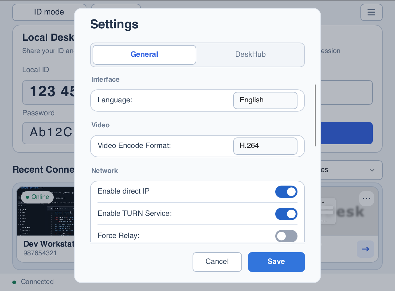 Updated General settings with General and DeskHub tabs, language, video codec, and networking options