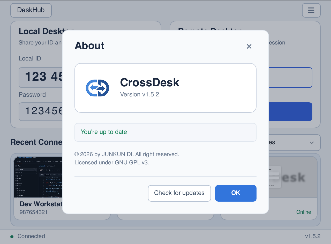 About dialog with the Check for updates button; version and check result are demonstration data