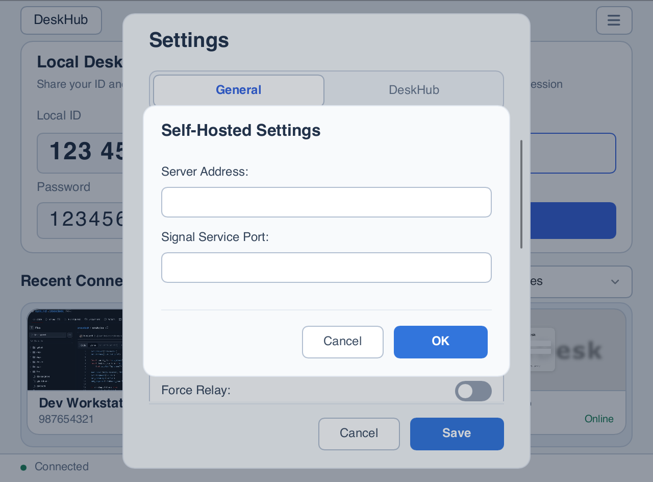 Current Slint self-hosting dialog for server address and signaling port