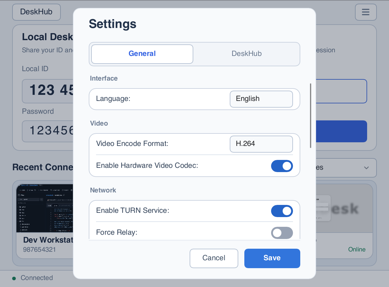 Updated General settings with General and DeskHub tabs, language, video codec, hardware codecs, and networking options