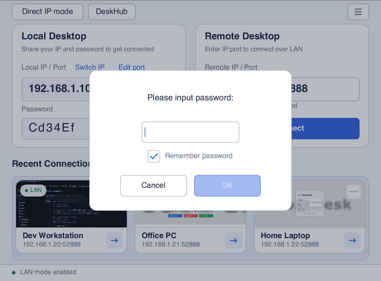 Direct IP password dialog with Remember password and demonstration LAN devices in the background