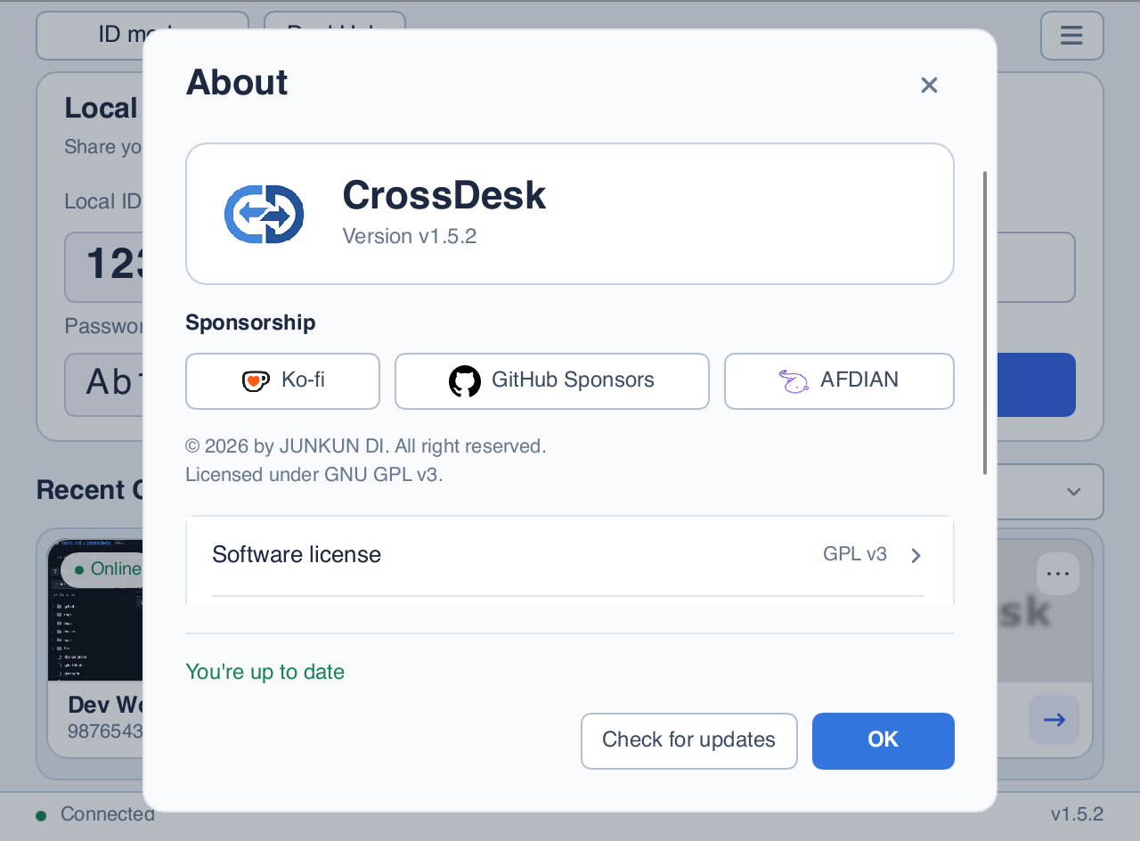 About dialog with the Check for updates button; version and check result are demonstration data