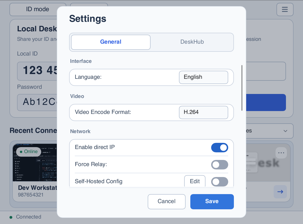 Updated General settings with General and DeskHub tabs, language, video codec, and networking options
