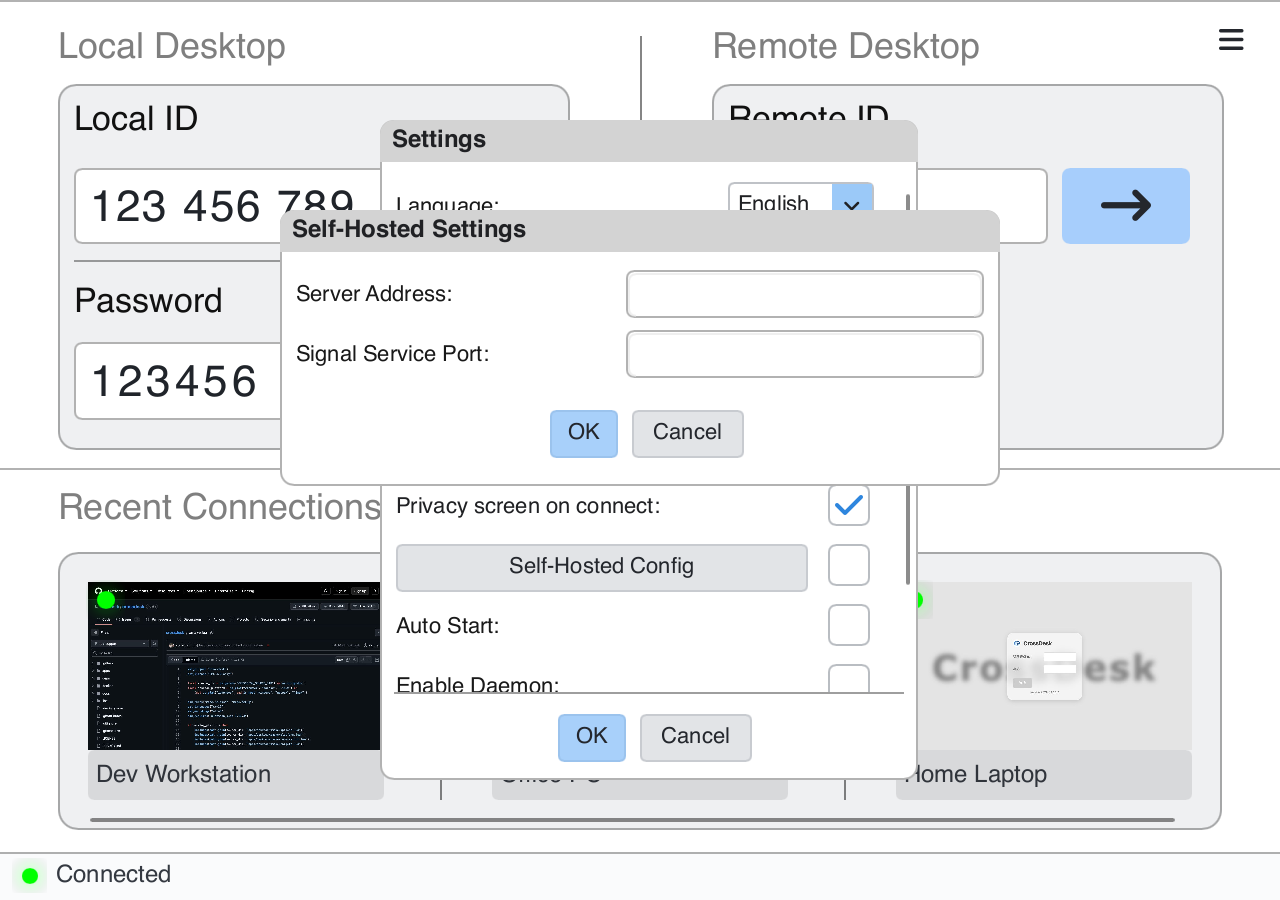 Current Slint self-hosting dialog for server address and signaling port