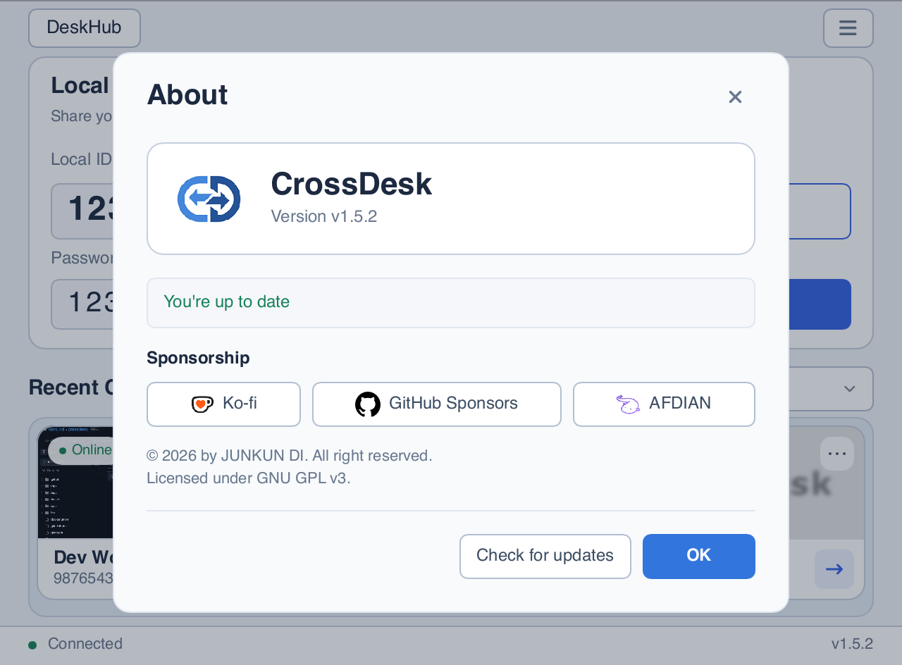 About dialog with the Check for updates button; version and check result are demonstration data
