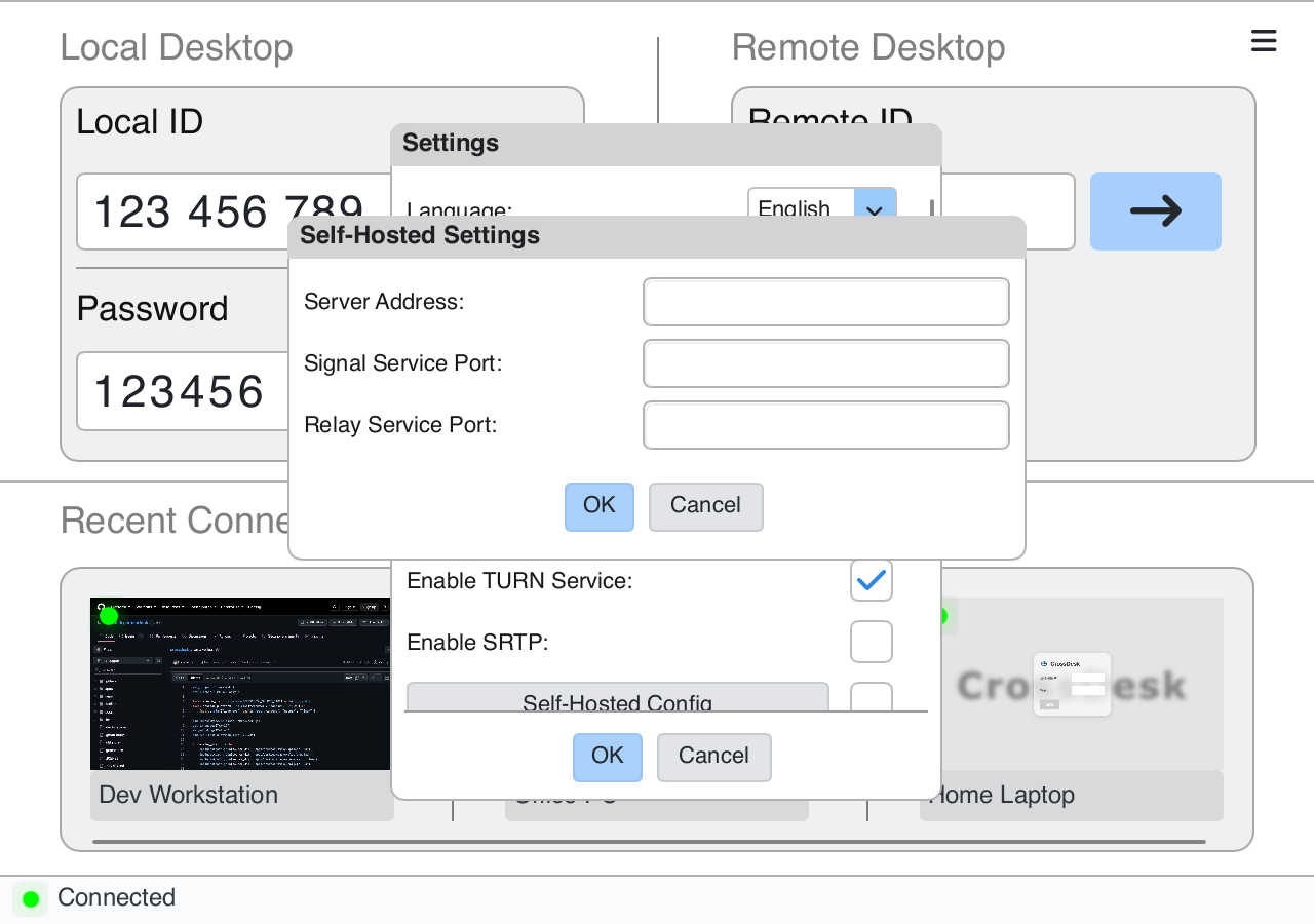 Current Slint self-hosting dialog for server address, signaling port, and relay port
