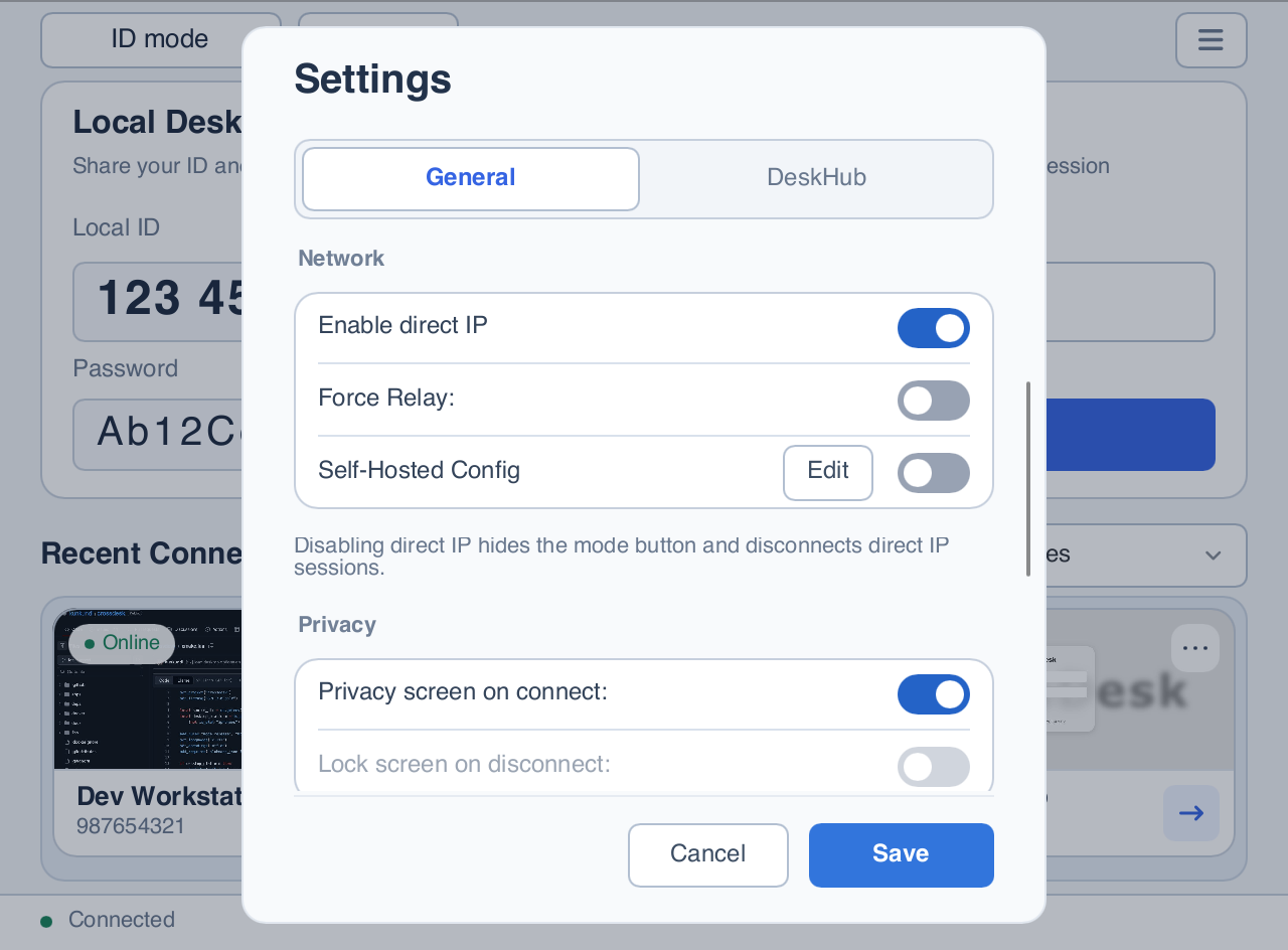 Network settings with Enable direct IP and an explanation of what happens when disabled