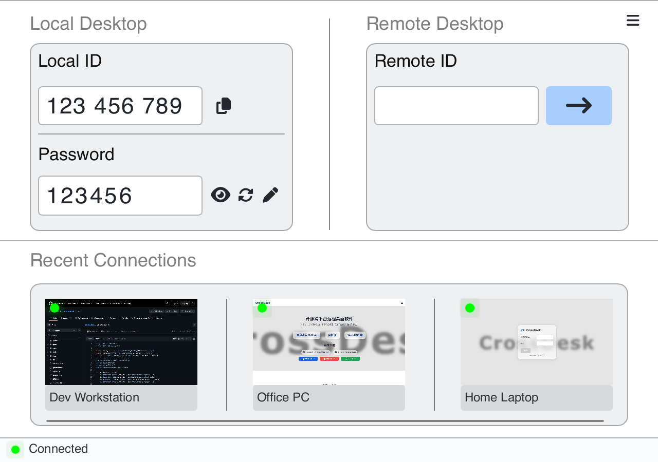 Current desktop UI example showing a connected server and three online devices with page thumbnails
