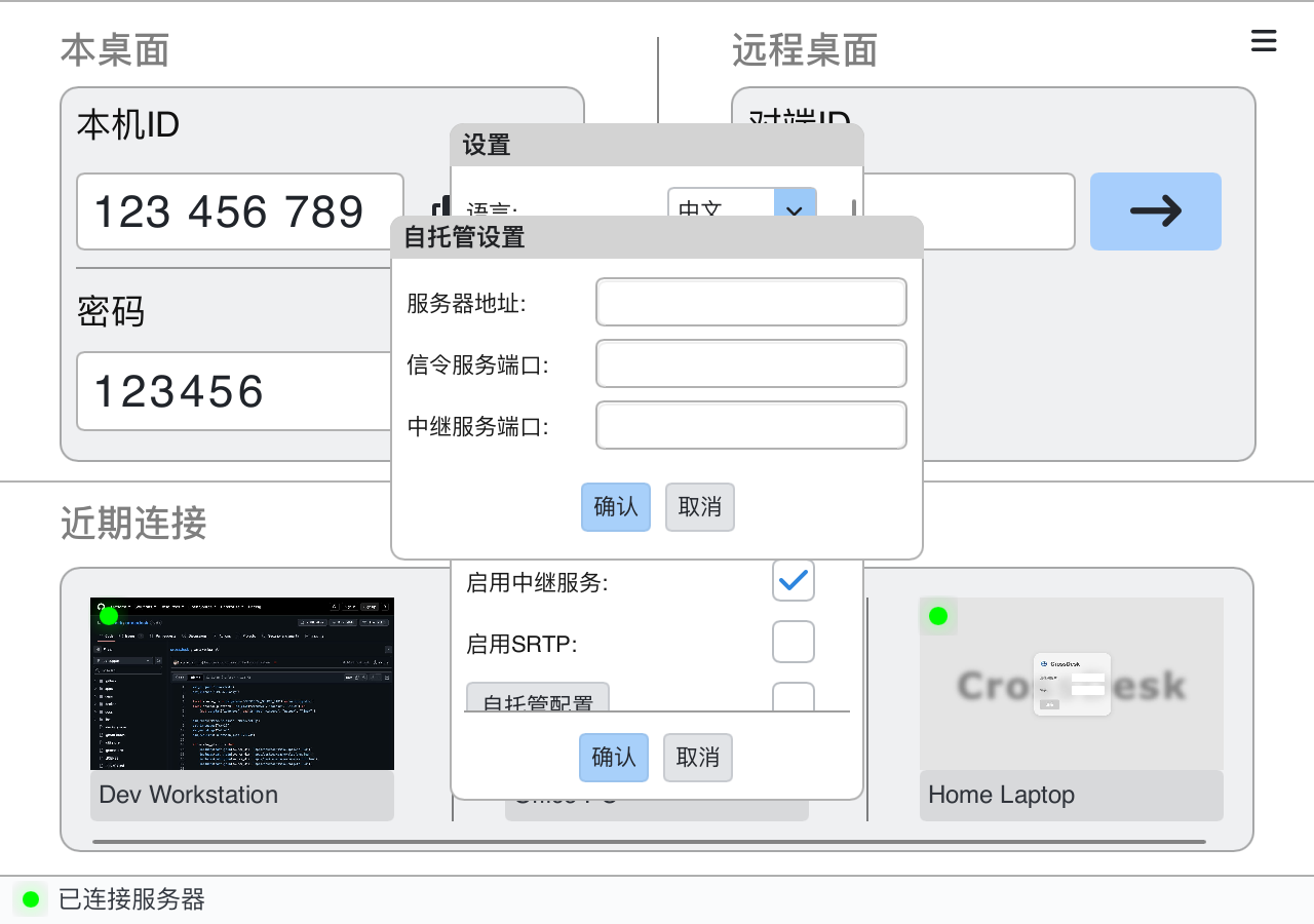 当前 Slint 客户端自托管设置：服务器地址、信令端口、中继端口